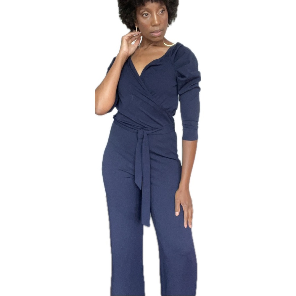 PUFFED SLEEVED (GIGOT), MARINE BLUE JUMPSUIT BY DANIELLE EMON, SIZE: MEDIUM